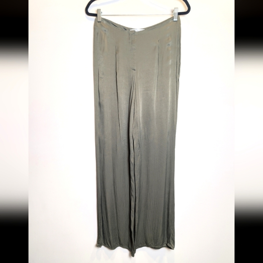 Zara Green Satin-like Wide Leg High Waist Pants Size Medium